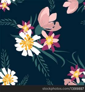Seamless pattern with small flowers on a dark background. Modern and Trendy fashionable floral texture for fabric, wallpaper, interior, tiles, print, textiles, packaging and various types of design.. Seamless pattern with small flowers on a dark background. Modern and Trendy fashionable floral texture for fabric, wallpaper, interior, tiles, print, textiles, packaging and various types of design