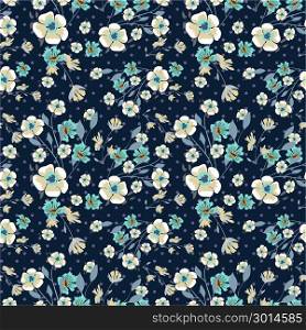Seamless pattern with small flowers on a dark background. Seamless pattern with small flowers on a dark background. Modern fashionable floral texture for fabric, wallpaper, interior, tiles, print, textiles, packaging. Trendy floral background. Vector illustration.