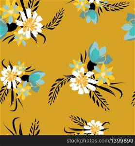 Seamless pattern with small flowers on a dark yellow background. Modern and Trendy fashionable floral texture for fabric, wallpaper, interior, tiles, print, textiles, packaging and various types of design.. Seamless pattern with small flowers on a dark background. Modern and Trendy fashionable floral texture for fabric, wallpaper, interior, tiles, print, textiles, packaging and various types of design.