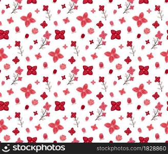 Seamless pattern with small pink and coral flowers on a white background. Natural texture with sakura buds. Vector floral wallpaper. Delicate fabric with hand-drawn cartoon kosmeya. Seamless pattern with small pink and coral flowers on a white background. Natural texture with sakura buds. Vector floral wallpaper. Delicate fabric