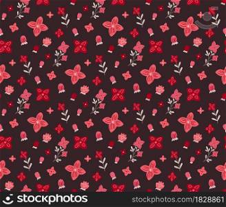 Seamless pattern with small pink and coral flowers on dark burgundy background. Natural texture with sakura buds. Vector floral wallpaper. Delicate fabric with hand-drawn cartoon kosmeya. Seamless pattern with small pink and coral flowers on dark burgundy background. Natural texture with sakura buds. Vector floral wallpaper. Delicate fabric