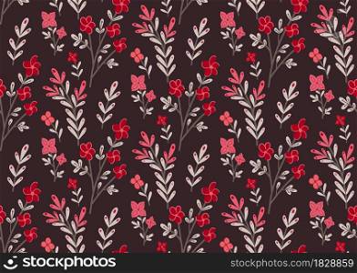 Seamless pattern with small pink flowers and branches on dark background. Natural texture with sakura branches. Vector floral wallpaper. Delicate fabric with hand drawn cartoon agrostemma. Seamless pattern with small pink flowers and branches on dark background. Natural texture with sakura branches. Vector floral wallpaper. Delicate fabric