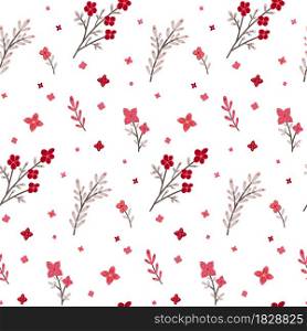 Seamless pattern with small pink flowers and stems with foliage on white background. Natural texture with sakura branches. Vector floral wallpaper. Delicate fabric with hand drawn cartoon agrostemma. Seamless pattern with small pink flowers and stems with foliage on white background. Natural texture with sakura branches. Vector floral wallpaper. Delicate fabric