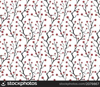 Seamless pattern with small red berries on black silhouettes of branches. Vector natural texture with rowan berries on intertwined stems on a white background.. Seamless pattern with small red berries on black silhouettes of branches. Vector natural texture with rowan berries on intertwined stems
