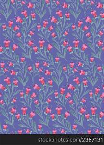 Seamless pattern with small red flowers on curled stems with folk arts on lilac background. Vector texture with floral arrangement with naive ornaments in very peri color. Natural fabric swatch. Seamless pattern with small red flowers on curled stems with folk arts on lilac background. Vector texture with floral arrangement