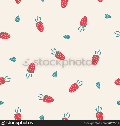 Seamless pattern with small red strawberries and green leaves. Vector illustration on a light background.. Seamless pattern with small strawberries. Vector illustration on a light background.