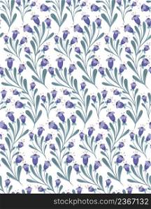 Seamless pattern with small violet flowers on curled stems with folk arts on white background. Vector texture with floral ornaments with naive decorations in very peri color. Natural fabric swatch. Seamless pattern with small violet flowers on curled stems with folk arts on white background. Vector texture with floral ornaments