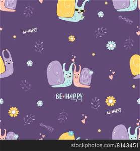 Seamless pattern with snails. In love pair of snails, clam in glasses and with cocktail on purple background with flower. Be happy every day. Vector illustration. For design, decor, wallpaper, textile