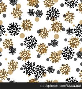 Seamless pattern with snowflakes and circles. Snowy background with black and gold snowflakes, silver dots. Winter elements of different shape, wallpaper design, endless texture stylish fabric. Seamless Pattern with Snowy Snowflakes and Circles