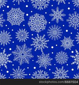 Seamless pattern with snowflakes created from ornamental patterns geometric elements vector illustration winter symbols on dark blue background. Seamless Pattern Snowflakes Ornamental Patterns