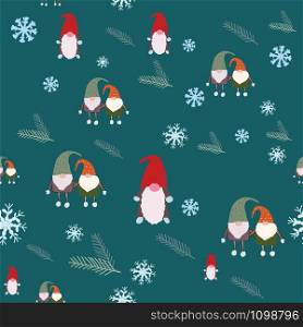 Seamless pattern with snowflakes, scandinavian gnomes and pine tree spruce. Beautiful festive design with elves decorations. For wrapping paper, textiles, fabric. Vector illustration.. Seamless pattern with snowflakes, scandinavian gnomes and pine tree spruce.