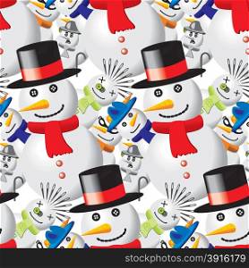 Seamless pattern with snowmen in different outfits