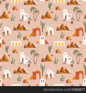 Seamless pattern with southern landscape. Mediterranean, North Africa. Modern abstract design for paper, cover, fabric, interior decor and other users.. Seamless pattern with southern landscape. Mediterranean, North Africa