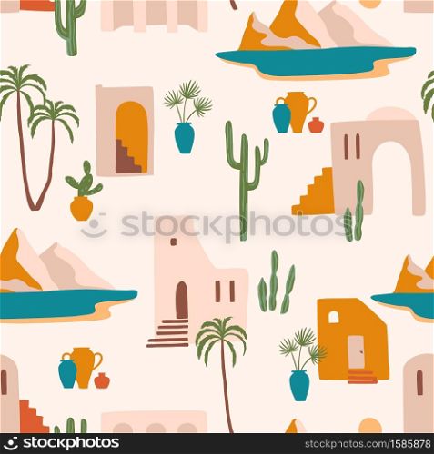 Seamless pattern with southern landscape. Mediterranean, North Africa. Modern abstract design for paper, cover, fabric, interior decor and other users.. Seamless pattern with southern landscape. Mediterranean, North Africa