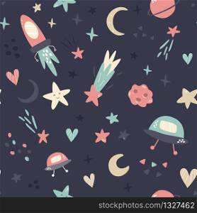 Seamless pattern with space elements rocket, stars, moon, planets, ufo. For decorations greeting cards, prints. Seamless pattern with space elements in flat style