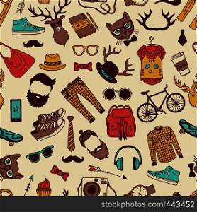 Seamless pattern with specific elements of hipster style. Hand drawn pictures. Hipster background texture with glasses and animal. Vector illustration. Seamless pattern with specific elements of hipster style. Hand drawn pictures