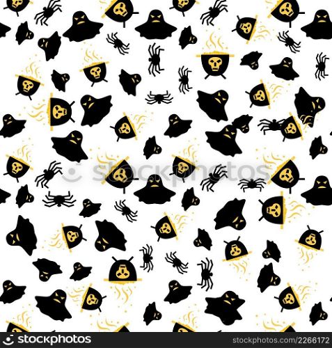 Seamless Pattern with Spider, Ghost and Cauldron. Vector Illustration.