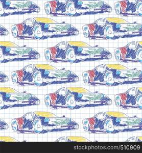 Seamless pattern with sport car. School pattern drawing in the notebook