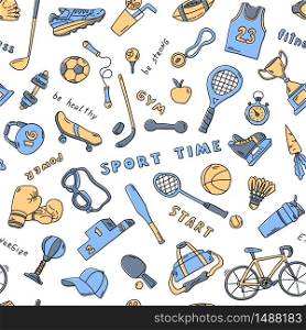 Seamless pattern with sport elements and lettering. Funny doodle hand drawn texture for fabric, wrapping, textile. Vector flat illustration.