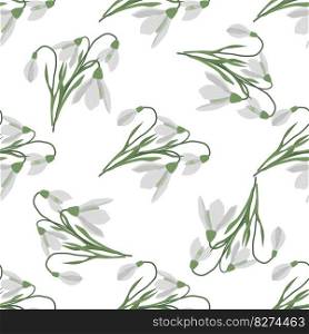 Seamless pattern with spring flowers and snowdrops. Isolated on white background. Vector illustration.. Seamless pattern with spring flowers and snowdrops