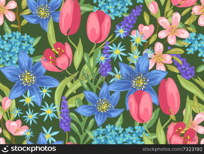 Seamless pattern with spring flowers. Beautiful decorative natural plants, buds and leaves.. Seamless pattern with spring flowers.