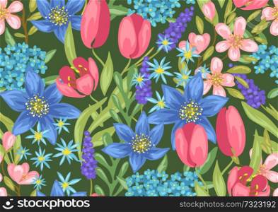 Seamless pattern with spring flowers. Beautiful decorative natural plants, buds and leaves.. Seamless pattern with spring flowers.