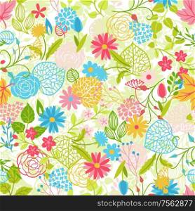 Seamless pattern with spring flowers. Beautiful decorative natural plants, buds and leaves.. Seamless pattern with spring flowers.