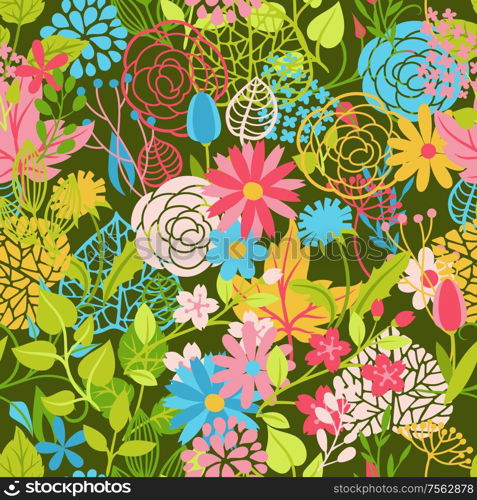 Seamless pattern with spring flowers. Beautiful decorative natural plants, buds and leaves.. Seamless pattern with spring flowers.