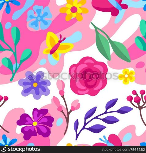 Seamless pattern with spring flowers. Beautiful decorative natural plants, buds and leaves.. Seamless pattern with spring flowers. Beautiful decorative natural plants.