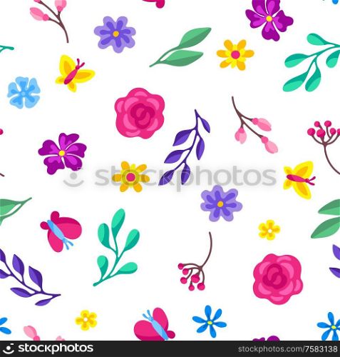 Seamless pattern with spring flowers. Beautiful decorative natural plants, buds and leaves.. Seamless pattern with spring flowers. Beautiful decorative natural plants.