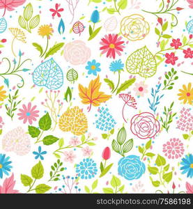 Seamless pattern with spring flowers. Beautiful decorative natural plants, buds and leaves.. Seamless pattern with spring flowers.