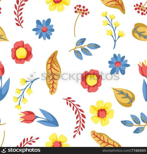 Seamless pattern with spring flowers. Beautiful decorative natural plants, buds and leaves.. Seamless pattern with spring flowers. Beautiful decorative natural plants and leaves.