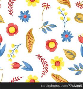 Seamless pattern with spring flowers. Beautiful decorative natural plants, buds and leaves.. Seamless pattern with spring flowers. Beautiful decorative natural plants and leaves.
