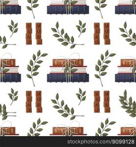 Seamless pattern with stack of books with bow, wooden letter tiles. School books pile,  heap. Bookstore, bookshop, library, book lover, bibliophile, education. Vector illustration for poster, banner