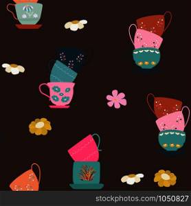 Seamless pattern with stacks of retro tea cups and daisies on brown background. Endless design for textile, card, cover. Vector illustration.. Seamless pattern with stacks of retro tea cups and daisy