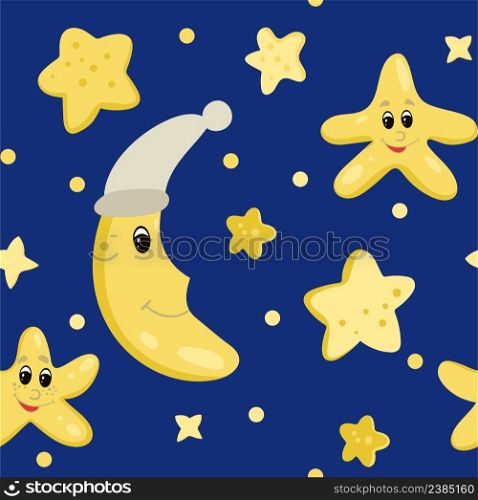 Seamless pattern with starry sky. Cartoon stars and moon on blue sky background. Template for design of textiles, packaging, baby clothing vector illustration
