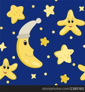 Seamless pattern with starry sky. Cartoon stars and moon on blue sky background. Template for design of textiles, packaging, baby clothing vector illustration