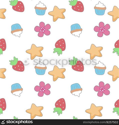 Seamless pattern with stars, flowers, strawberry,cute cakes and in the doodle kawaii. Seamless pattern with stars, flowers, strawberry,cute cupcakes and in the doodle kawaii