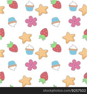 Seamless pattern with stars, flowers, strawberry,cute cakes and in the doodle kawaii. Seamless pattern with stars, flowers, strawberry,cute cupcakes and in the doodle kawaii
