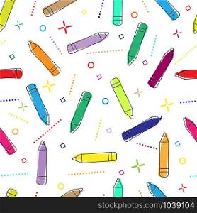Seamless pattern with stationery pencils. Modern random colors. Ideal for textiles, packaging, paper printing, simple backgrounds and textures.