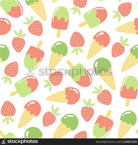 Seamless pattern with strawberries and ice cream. Summer background in bright colors. Hand-drawn trendy vector illustration for textile design.