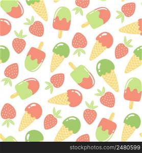 Seamless pattern with strawberries and ice cream. Summer background in bright colors. Hand-drawn trendy vector illustration for textile design.