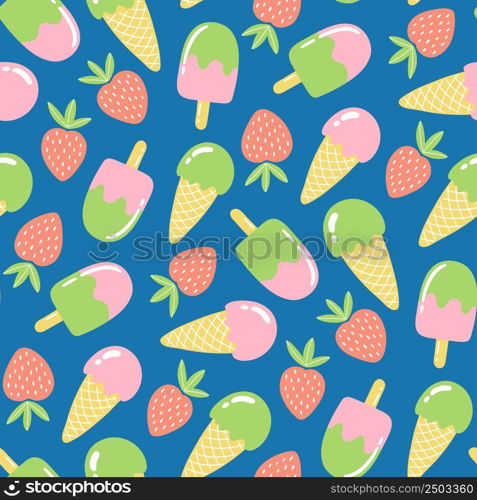 Seamless pattern with strawberries and ice cream. Summer background in bright colors. Hand-drawn trendy vector illustration for textile design.