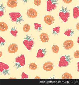 Seamless pattern with strawberries and peach on a yellow background. Vector illlustration for wrapping paper, fabric, textile, phone covers and other.. Seamless pattern with strawberries and peach on a yellow background Vector