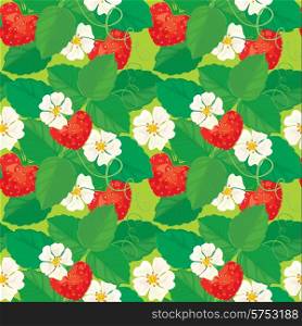 Seamless pattern with Strawberries in heart shapes with flowers and leaves.