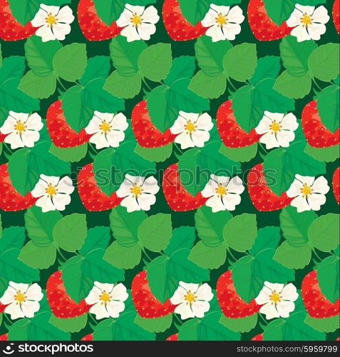 Seamless pattern with Strawberries with flowers and leaves.