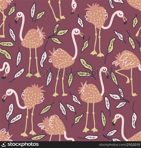Seamless pattern with strawberry flamingo and tropical leaves. Perfect for T-shirt, textile and print. Hand drawn vector illustration for decor and design.