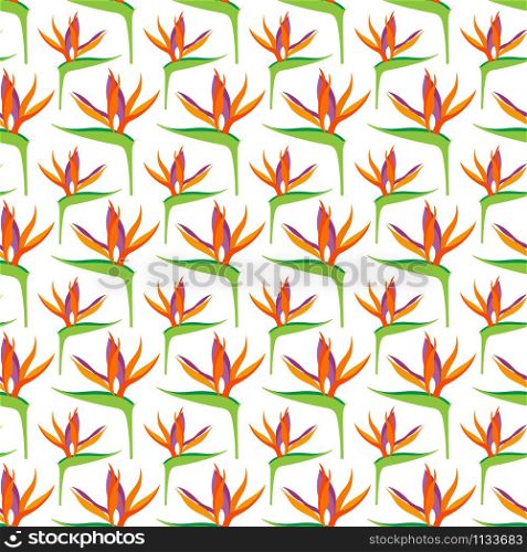 Seamless pattern with Strelitzia reginae flowers, for textiles, packaging, backgrounds, embossing and texture. Bright modern colors.