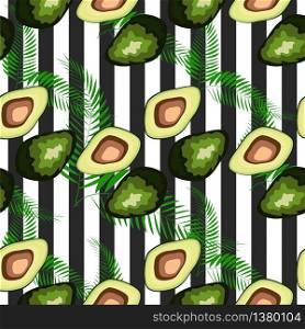 Seamless pattern with stripes and tropical fruits and leaves. Pattern with avocado.. Seamless pattern with tiger stripes and tropical fruits and leaves. Pattern with avocado.