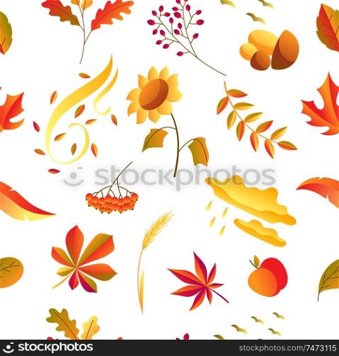 Seamless pattern with stylized autumn items. Falling leaves, berries and plants.. Seamless pattern with stylized autumn items.